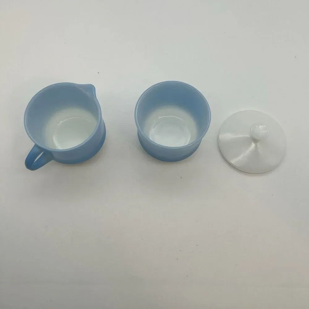 Vintage Fire-King Blue Mosaic Sugar Bowl & Creamer Set w/Lid Milk Glass